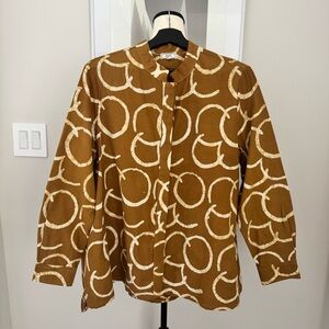 Zuri Kenya Hand Blocked Batik Cotton Shirt Brown Circle Print XL Artisan Top
